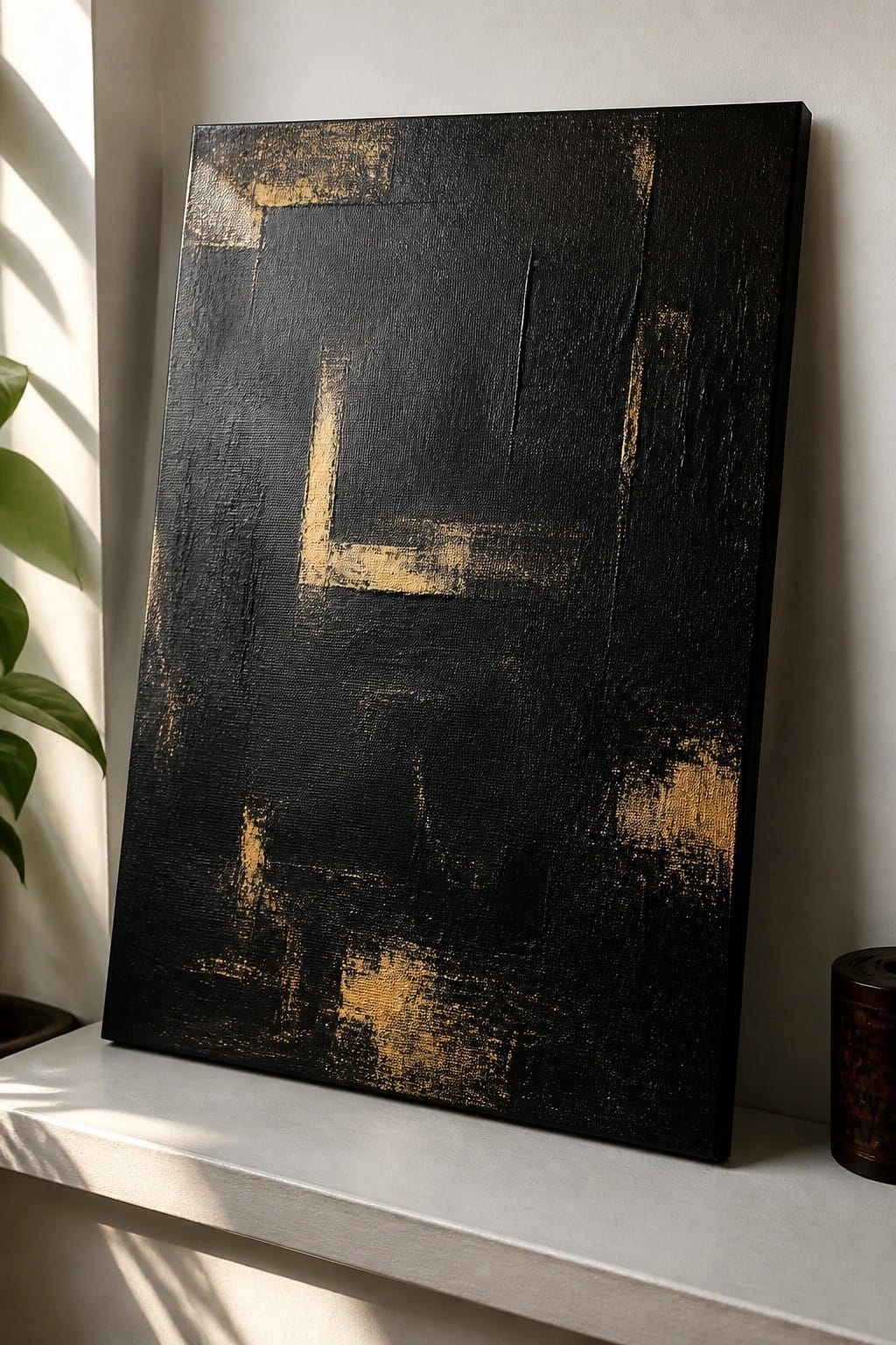 Abstract black and gold textured painting on white ledge with green plant and sunlight shadows