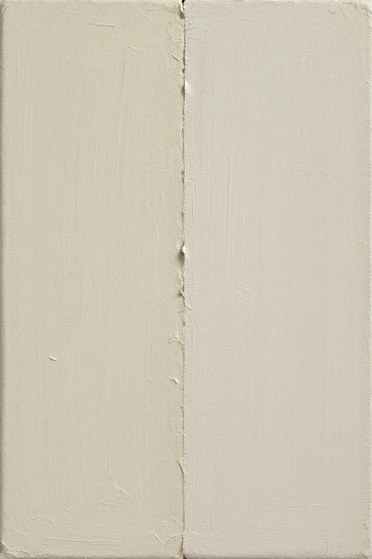 Close-up of an abstract oil painting in off-white tones with heavy brushstrokes and a vertical division down the center.