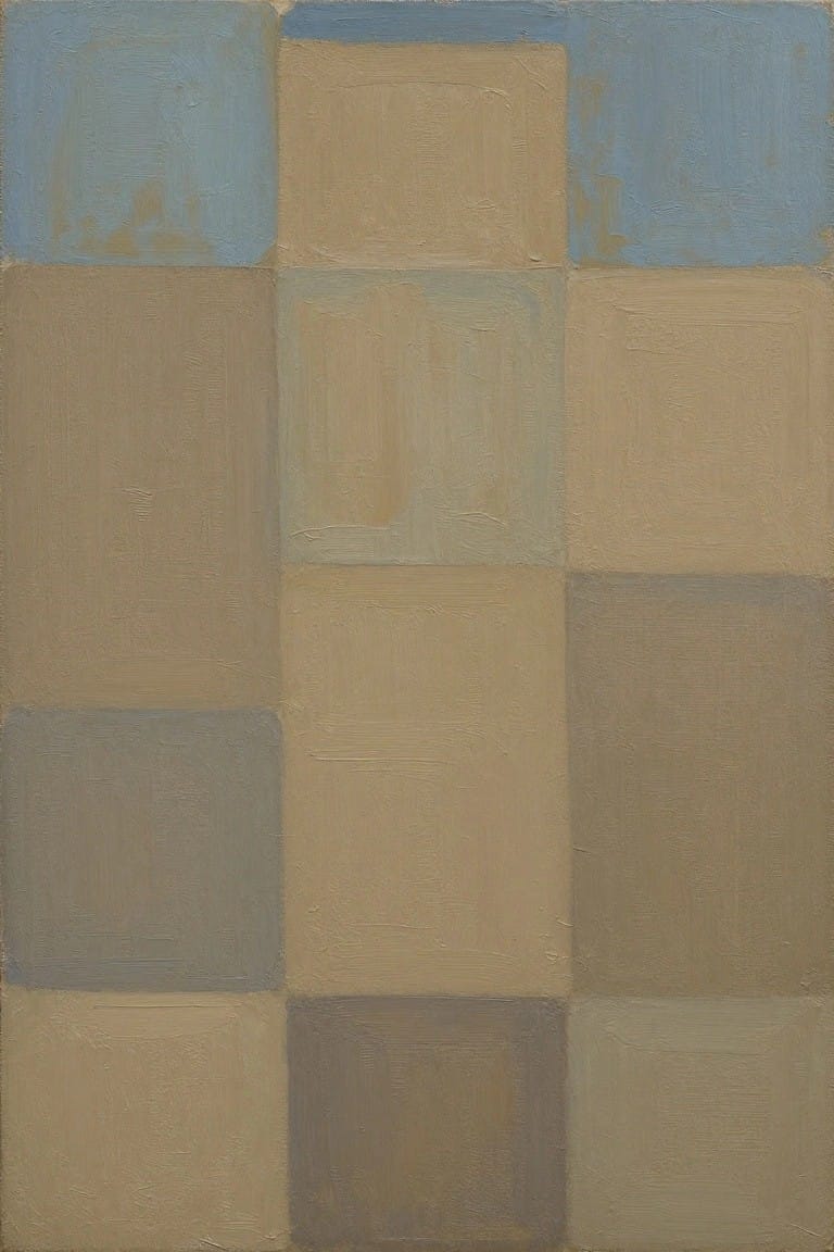 Abstract grid of textured squares in muted blue, beige, brown, and gray tones.