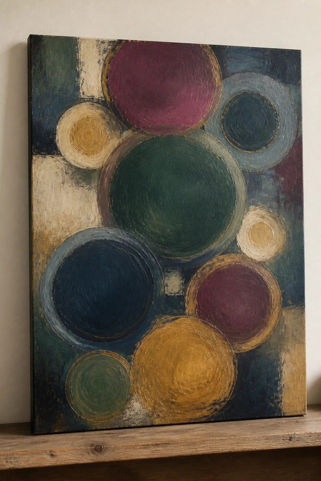 Abstract painting of overlapping circles in blue, green, purple, yellow with gold edges on canvas.