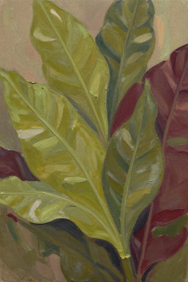 Close-up of overlapping green and maroon leaves with visible brushstrokes on neutral background.