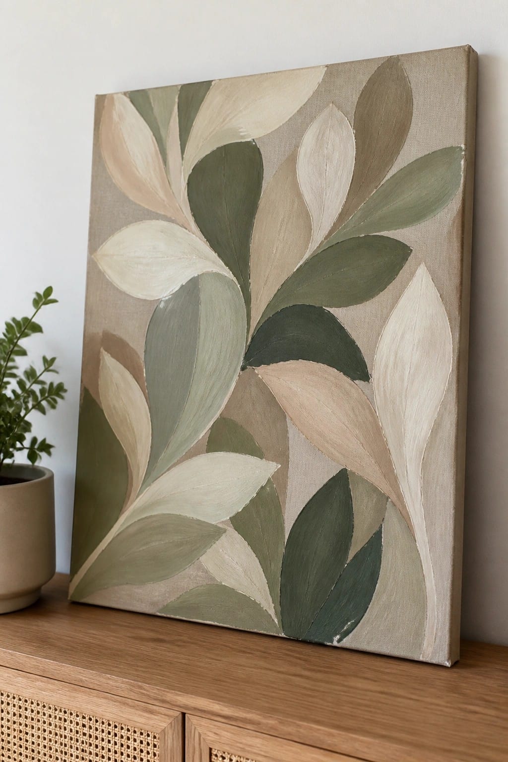 Abstract leaf painting in muted greens and beiges on canvas atop wooden cabinet