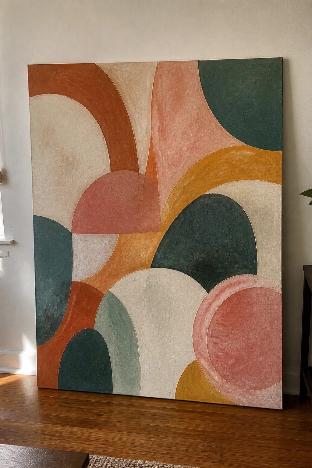 Abstract painting with overlapping curved shapes in terracotta, teal, peach, and mustard hues on wooden floor.