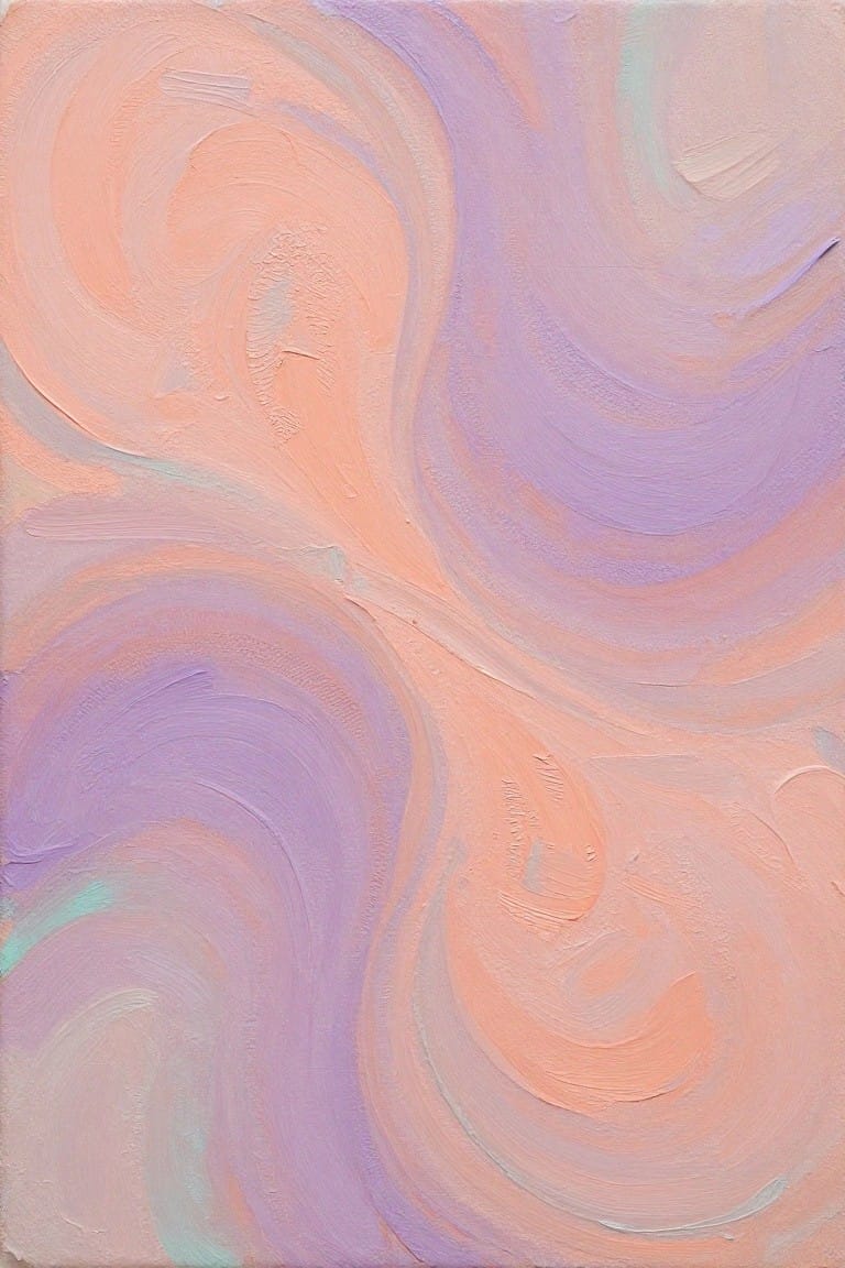 Abstract painting of swirling peach, lavender, and mint brushstrokes with thick impasto texture.