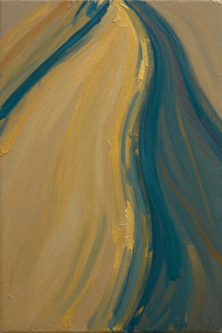 Abstract painting of curving blue and gold brushstrokes on beige background.