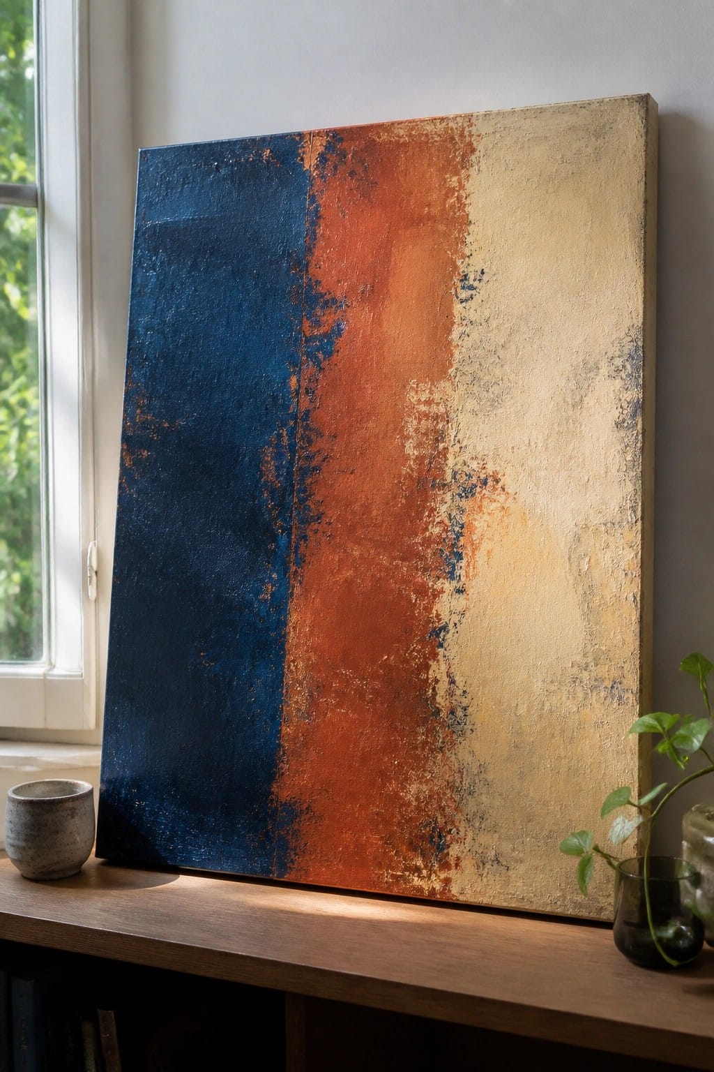 Abstract painting with blue, orange, and beige sections on wooden ledge by window.