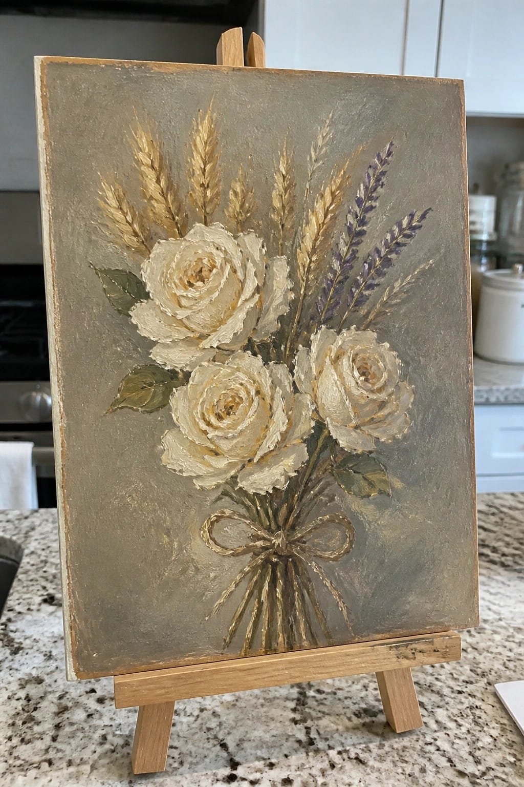 Textured painting of white roses, golden wheat, and lavender on wooden easel