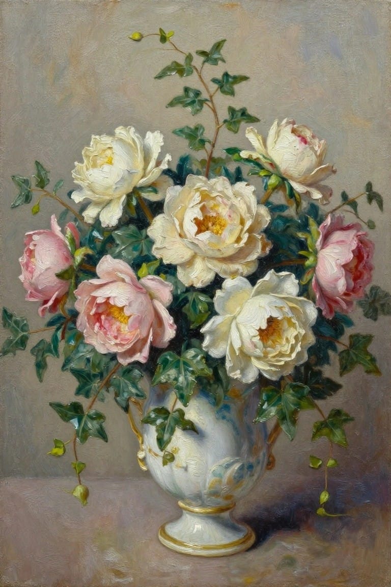 White and pink peonies with trailing ivy in an ornate white and gold vase