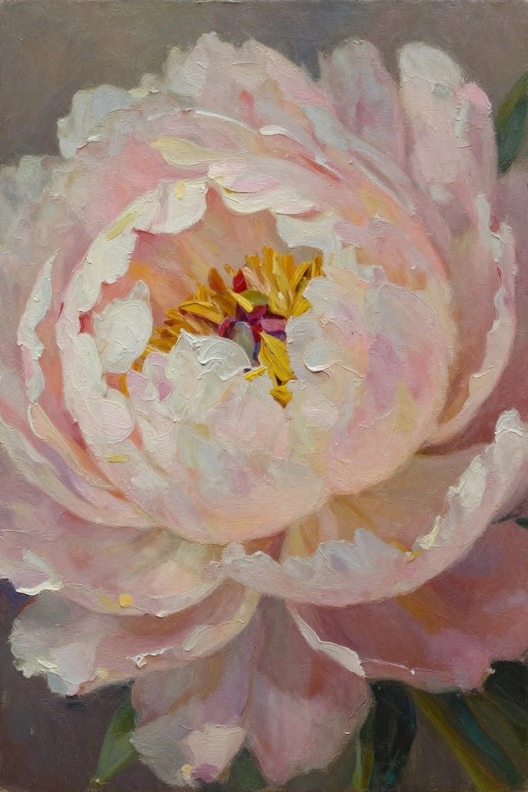 Close-up oil painting of a large pink peony with yellow and red center details against a muted background.