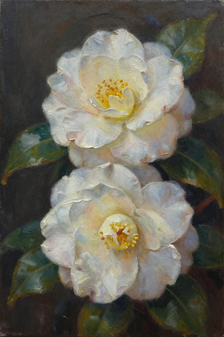 An oil painting of two white camellias with yellow centers and green leaves against a dark background.