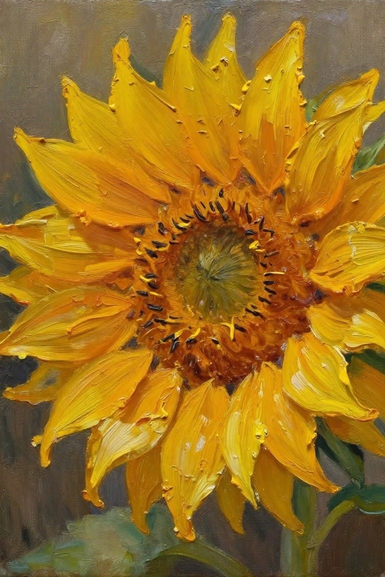 Vibrant yellow sunflower in close-up with thick impasto oil brushstrokes.