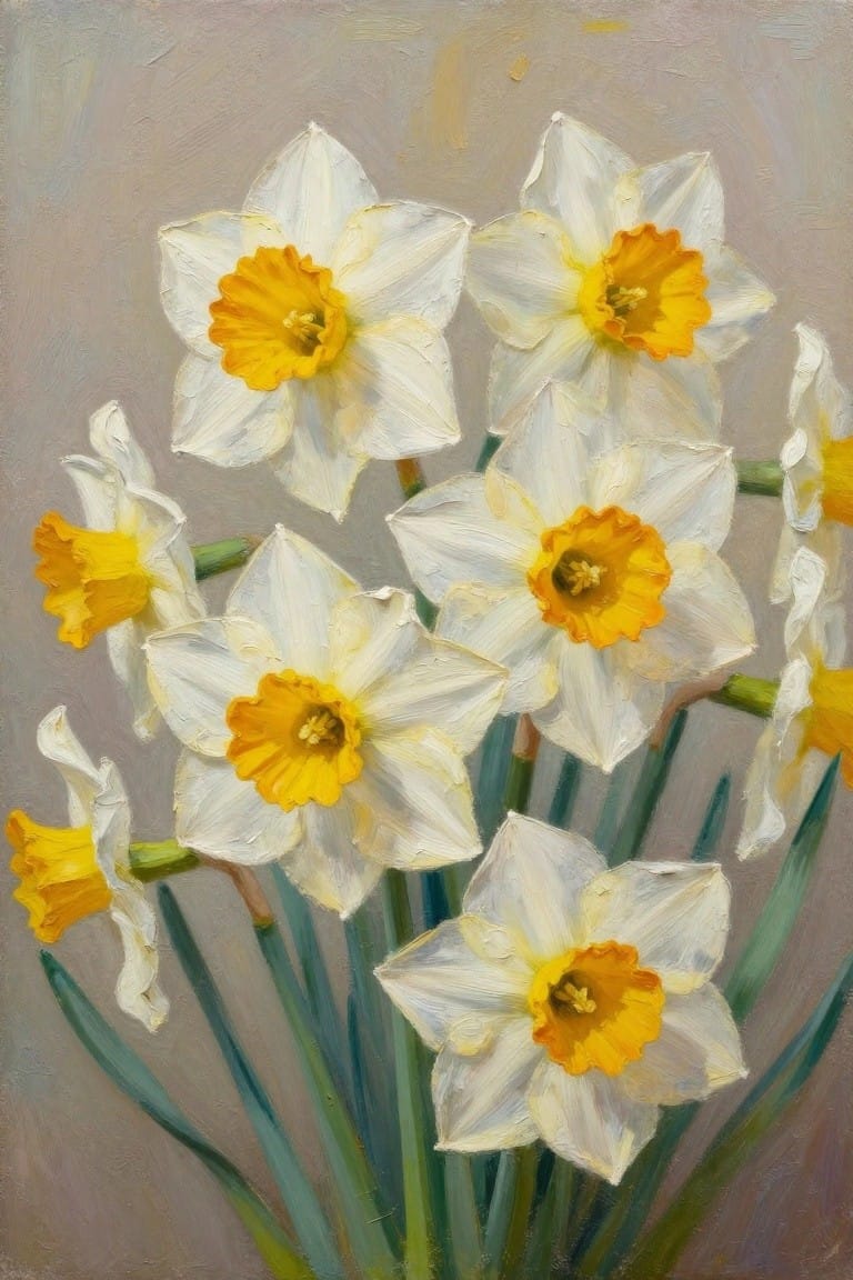 Oil painting of white daffodils with yellow centers on green stems against gray background