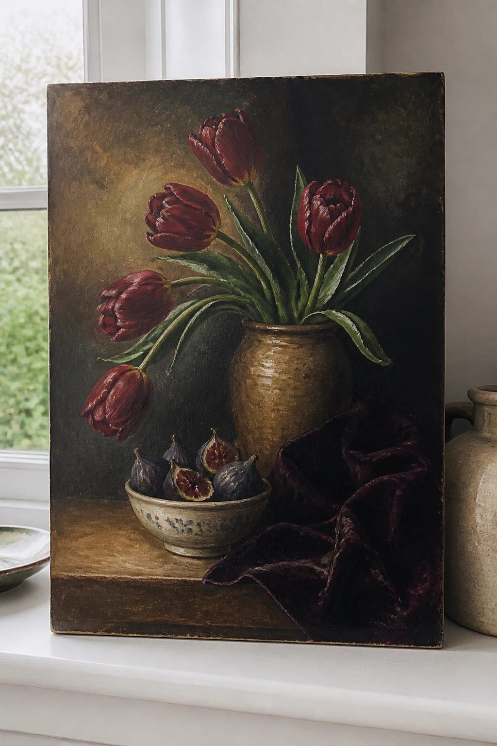 Still life with dark red tulips in vase, bowl of figs, and velvet cloth.