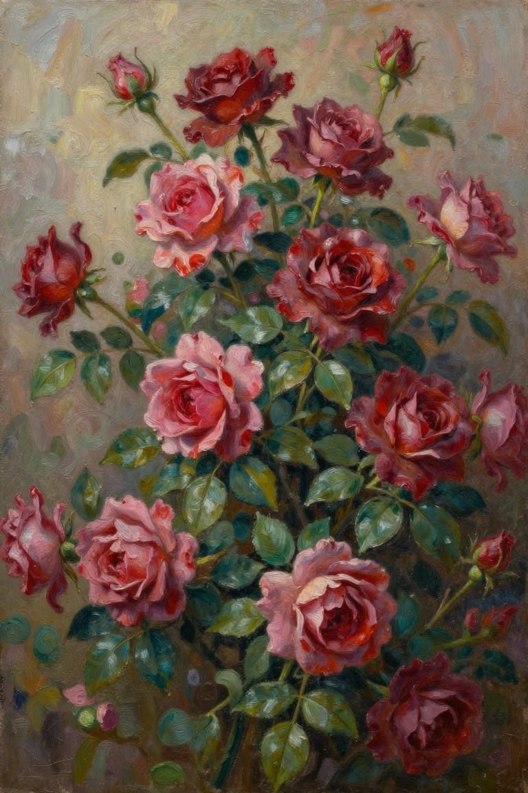 Painting of blooming red and pink roses with lush green leaves and stems
