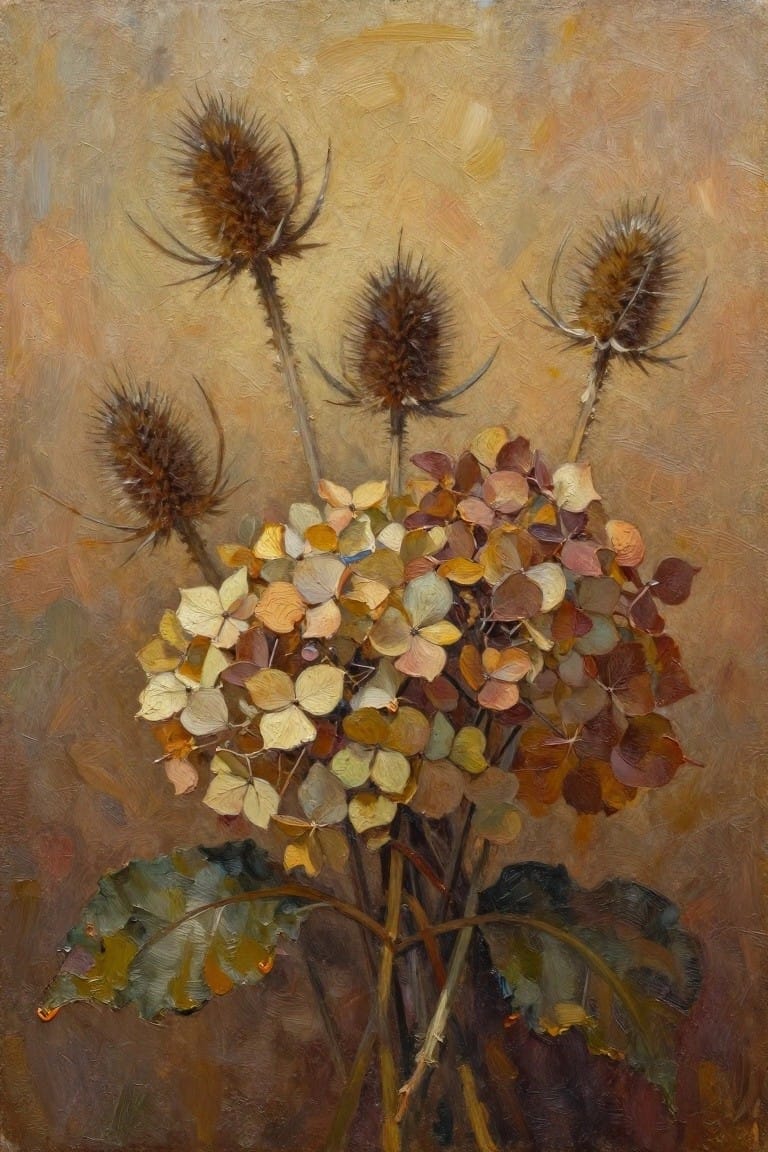 Oil painting of spiky dried teasels above a cluster of autumn hydrangeas