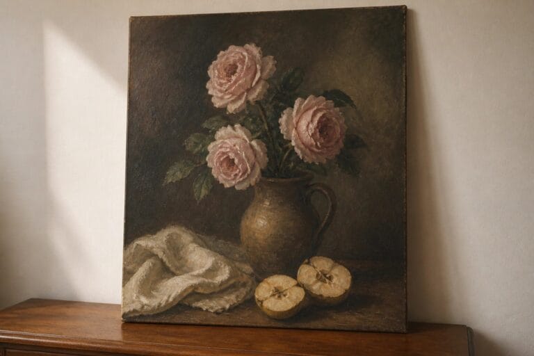 19 Timeless Floral Oil Painting Ideas Inspired by Classical Still Life Traditions Three blush-pink roses in a rustic clay pitcher with halved apples and linen on wood.