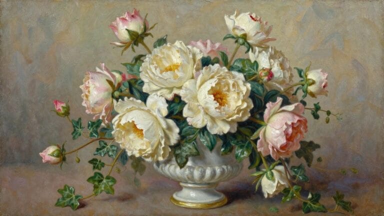 White and pink peonies with trailing ivy in an ornate white and gold vase