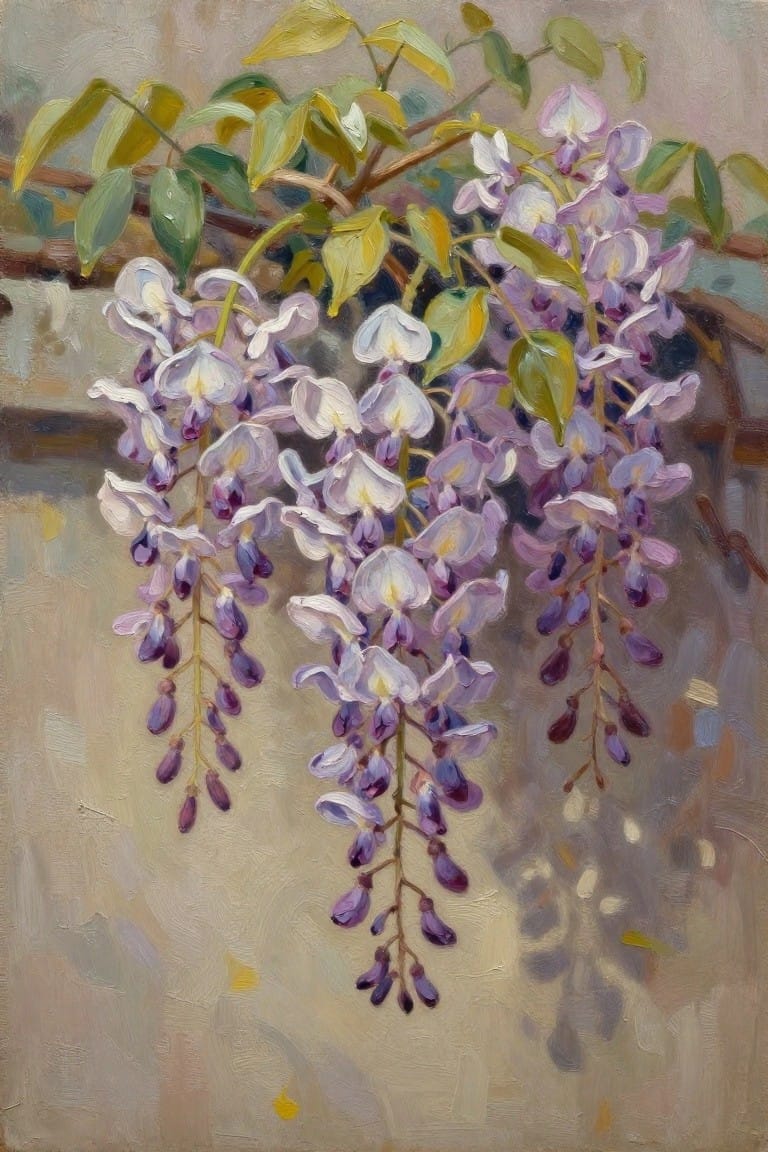 Cascading purple and white wisteria blooms with green leaves on branches
