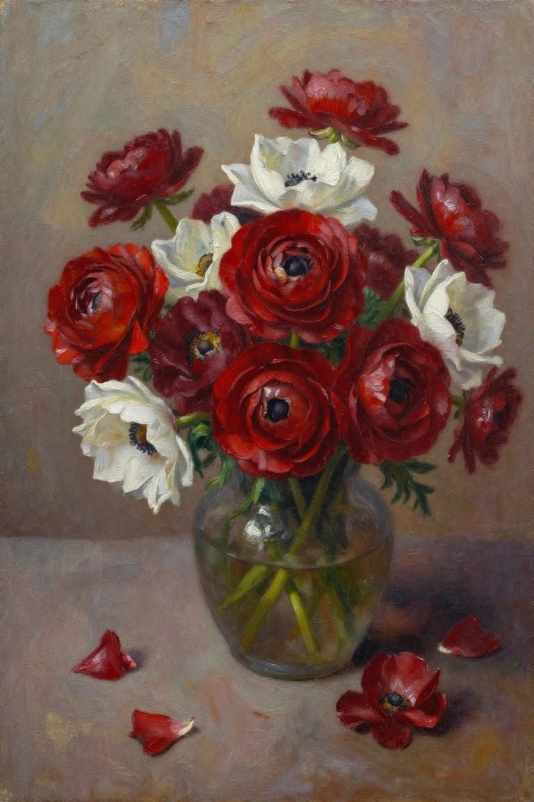 Realistic oil painting of red and white flowers arranged in a clear glass vase with a few loose petals on the table surface.