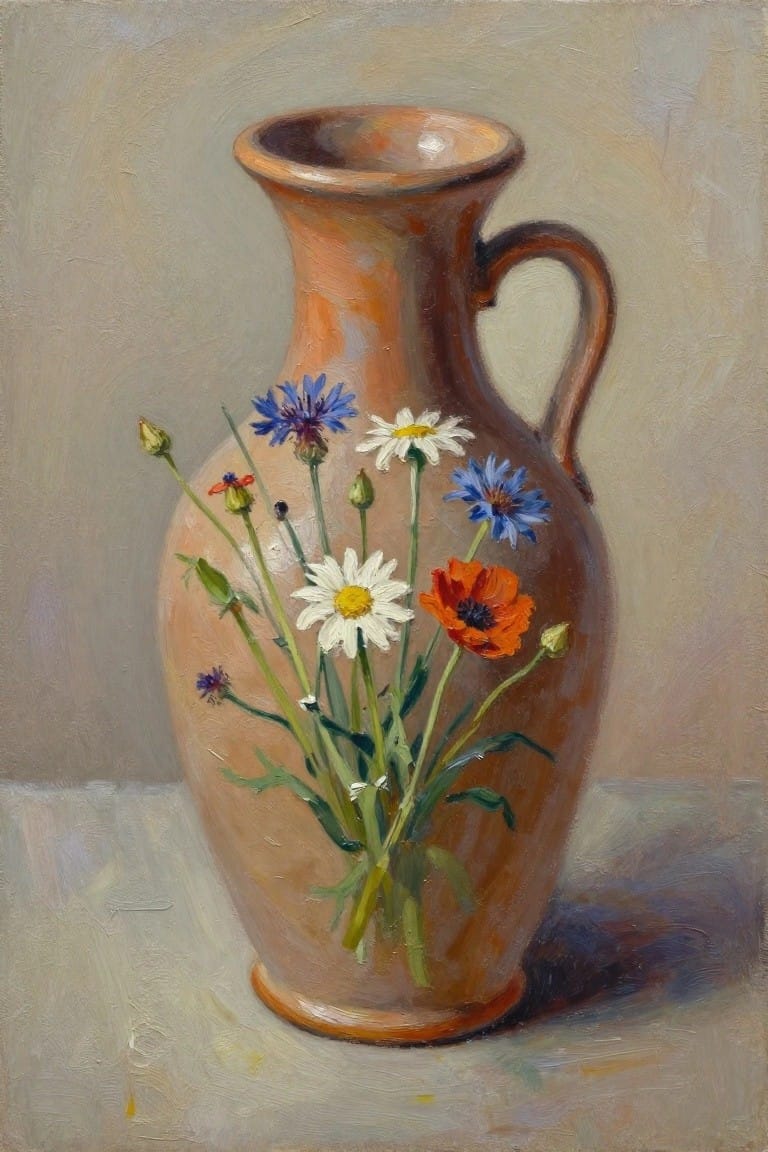 An oil painting of a brown ceramic pitcher holding mixed wildflowers including daisies, blue cornflowers, and a red poppy on a neutral background.