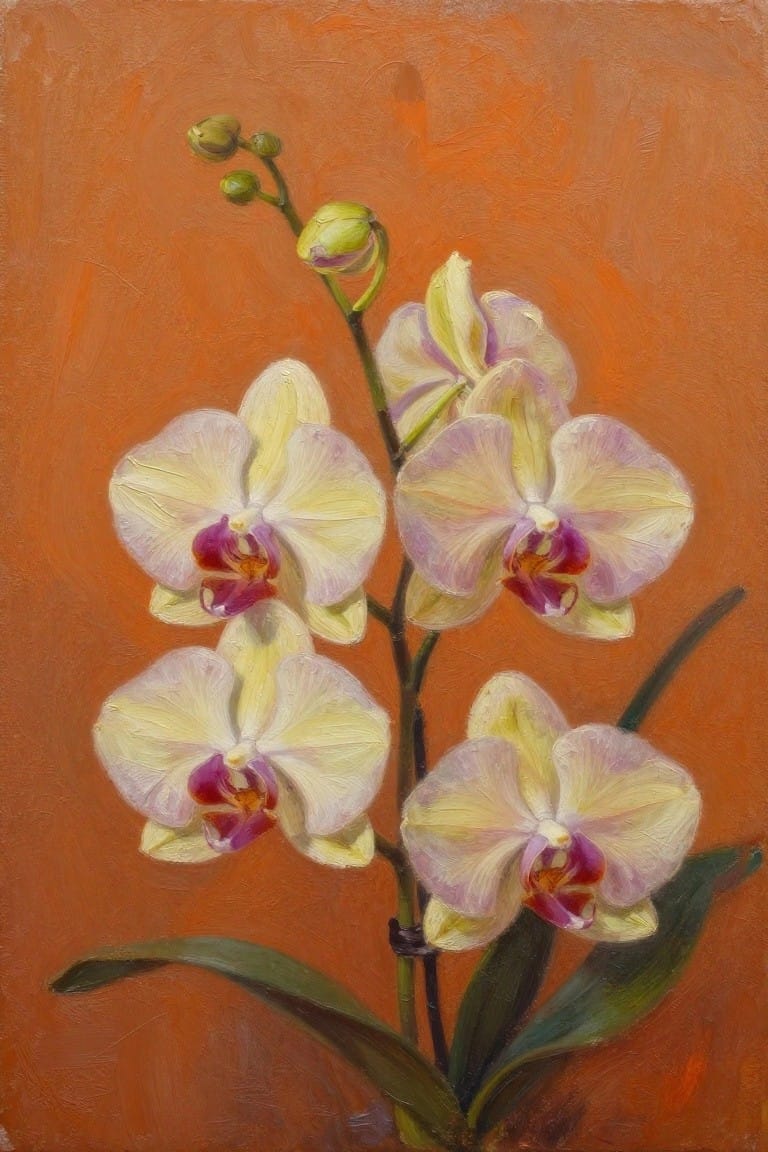 Yellow-white orchids with purple centers bloom on a stem against an orange background.
