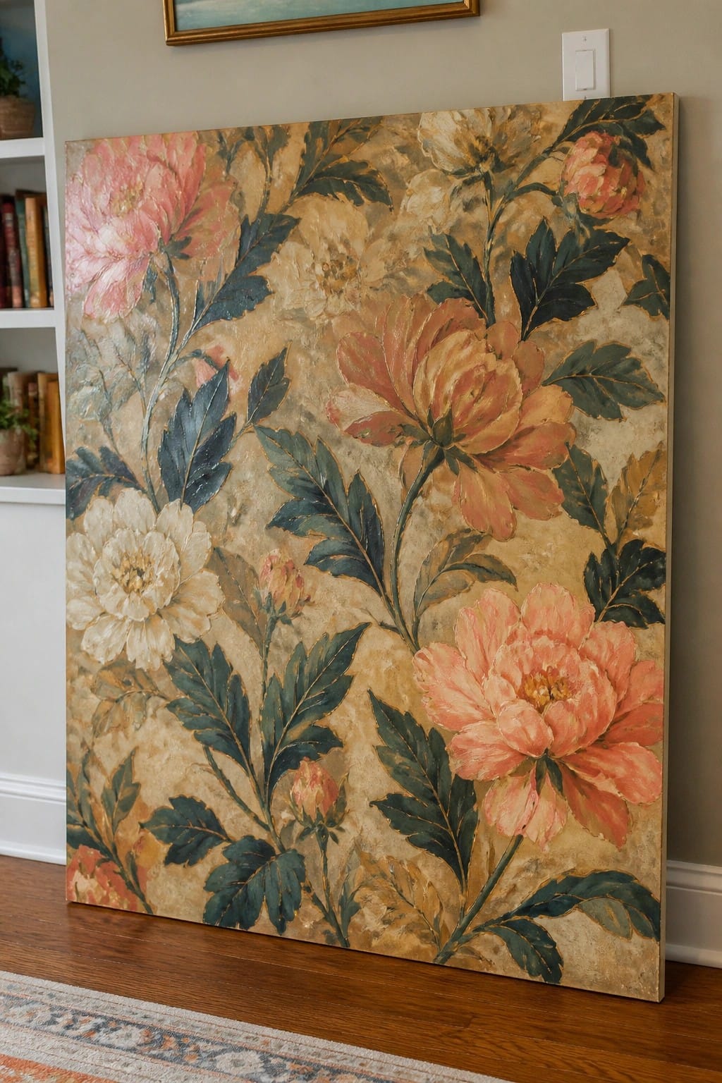 Large floral canvas painting of pink peonies with green leaves on beige background