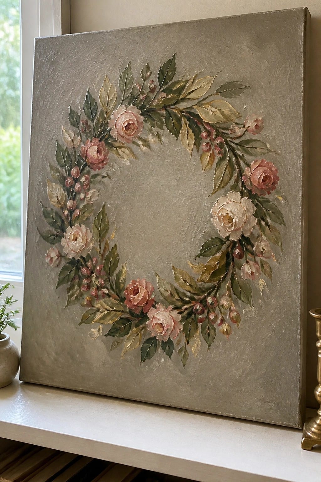 Painted floral wreath with pink roses and green leaves on gray canvas.