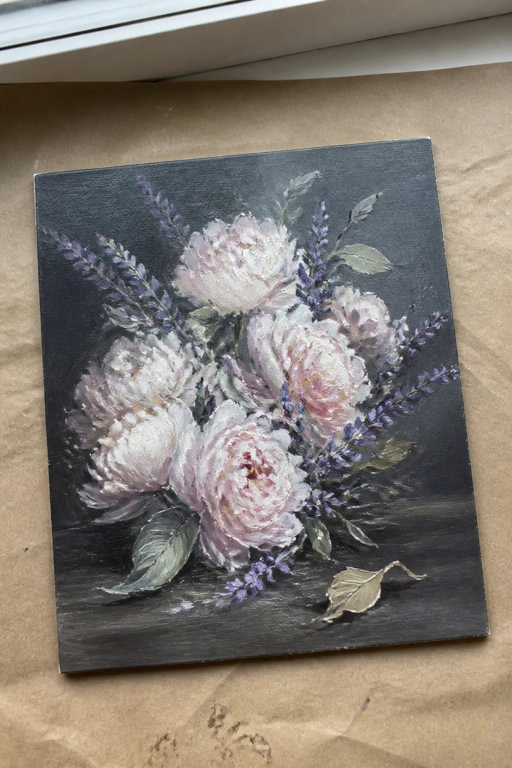 Oil painting of pink peonies and purple lavender on dark textured background with gold leaf.