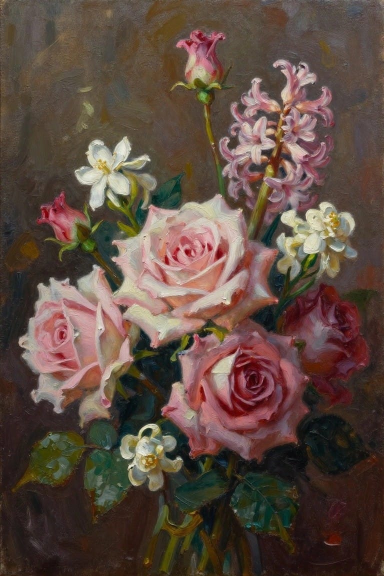 Painting of pink roses with white and purple flowers on a dark background