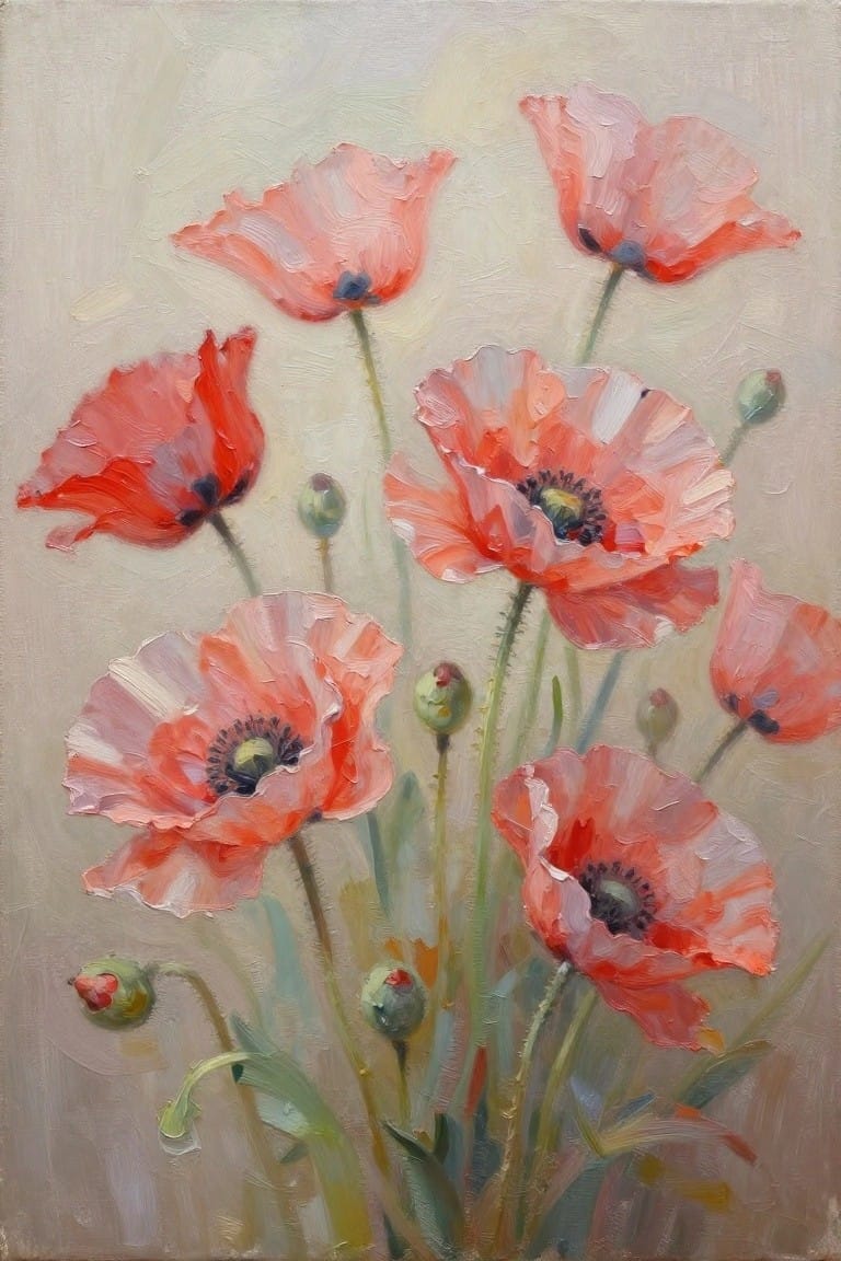 Oil painting of blooming red and pink poppies with green stems and buds.