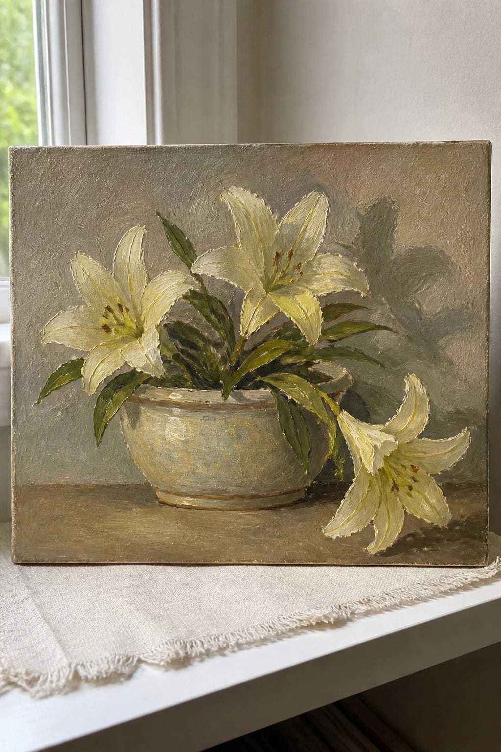 Oil painting of white lilies in a light pot on a windowsill