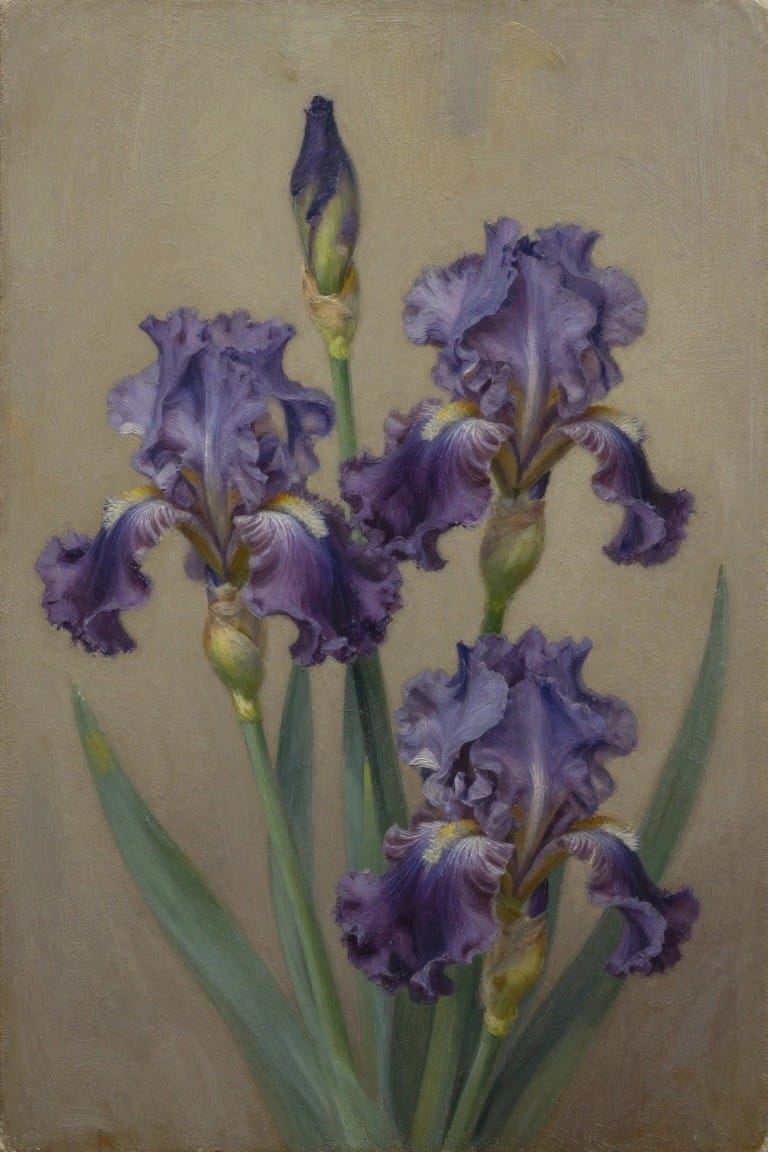 Several purple iris blossoms with buds on tall green stems against muted background