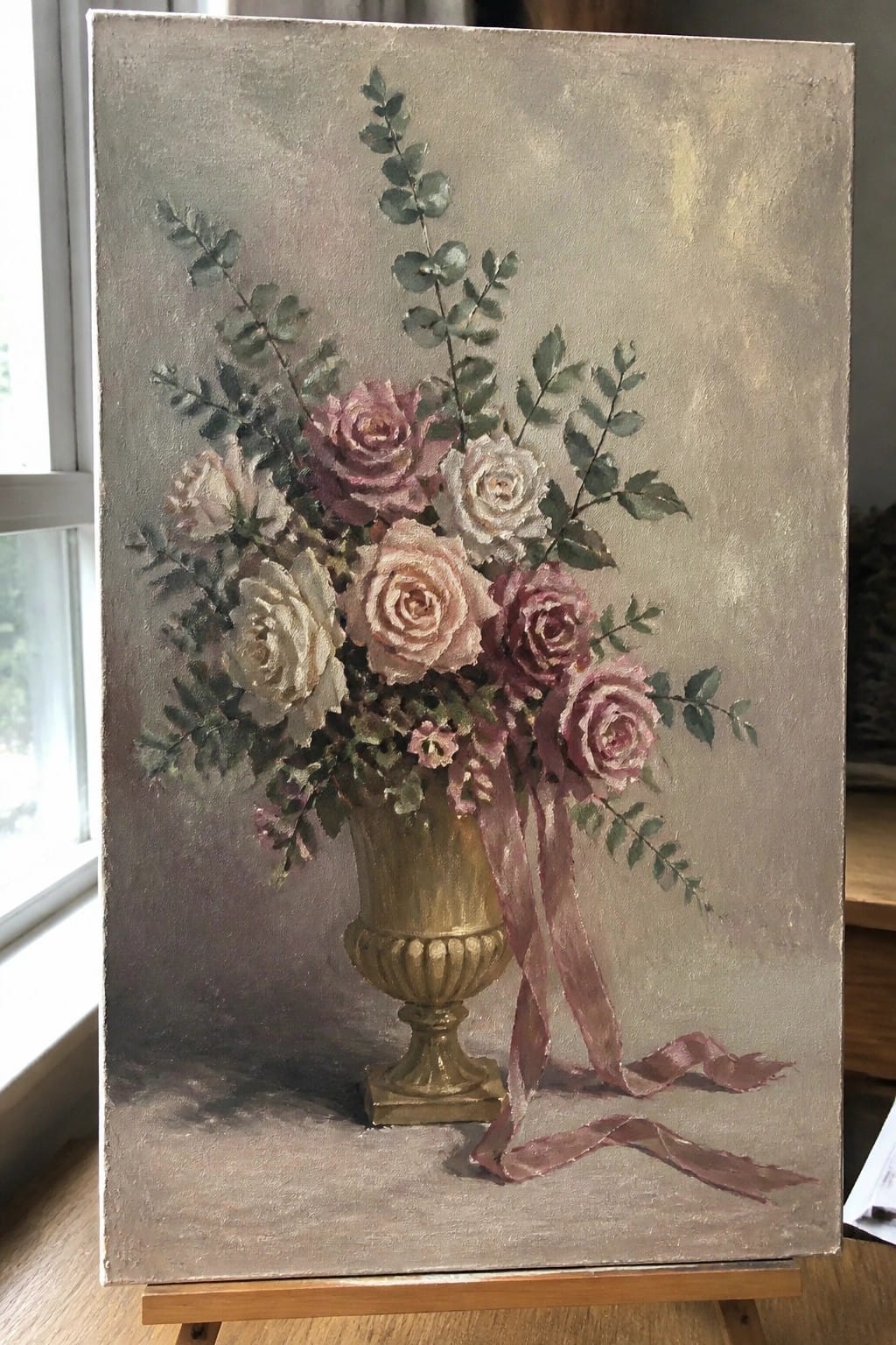 Still life painting of pink and white roses in golden vase with pink ribbon