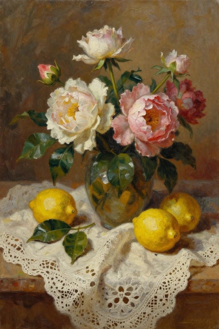 Painting of pink and white roses in vase with lemons on lace cloth.