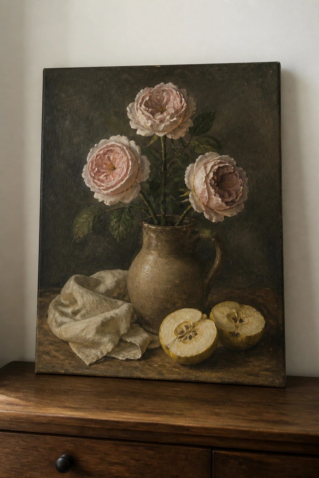 Three blush-pink roses in a rustic clay pitcher with halved apples and linen on wood.