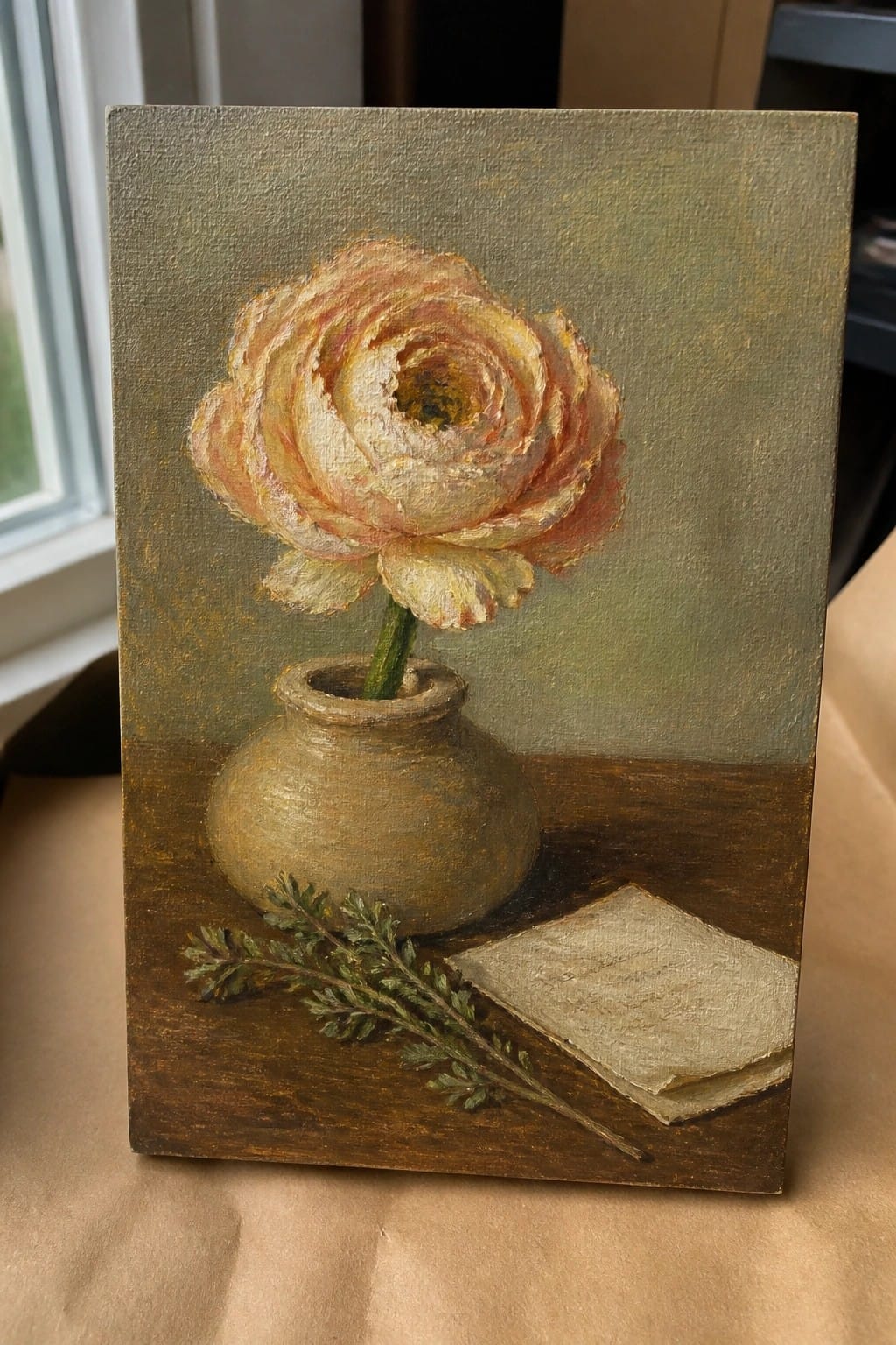 An oil painting of a pinkish-yellow flower in a brown clay vase on a wooden table, with a sprig of greenery and an open book next to it against a muted green background.