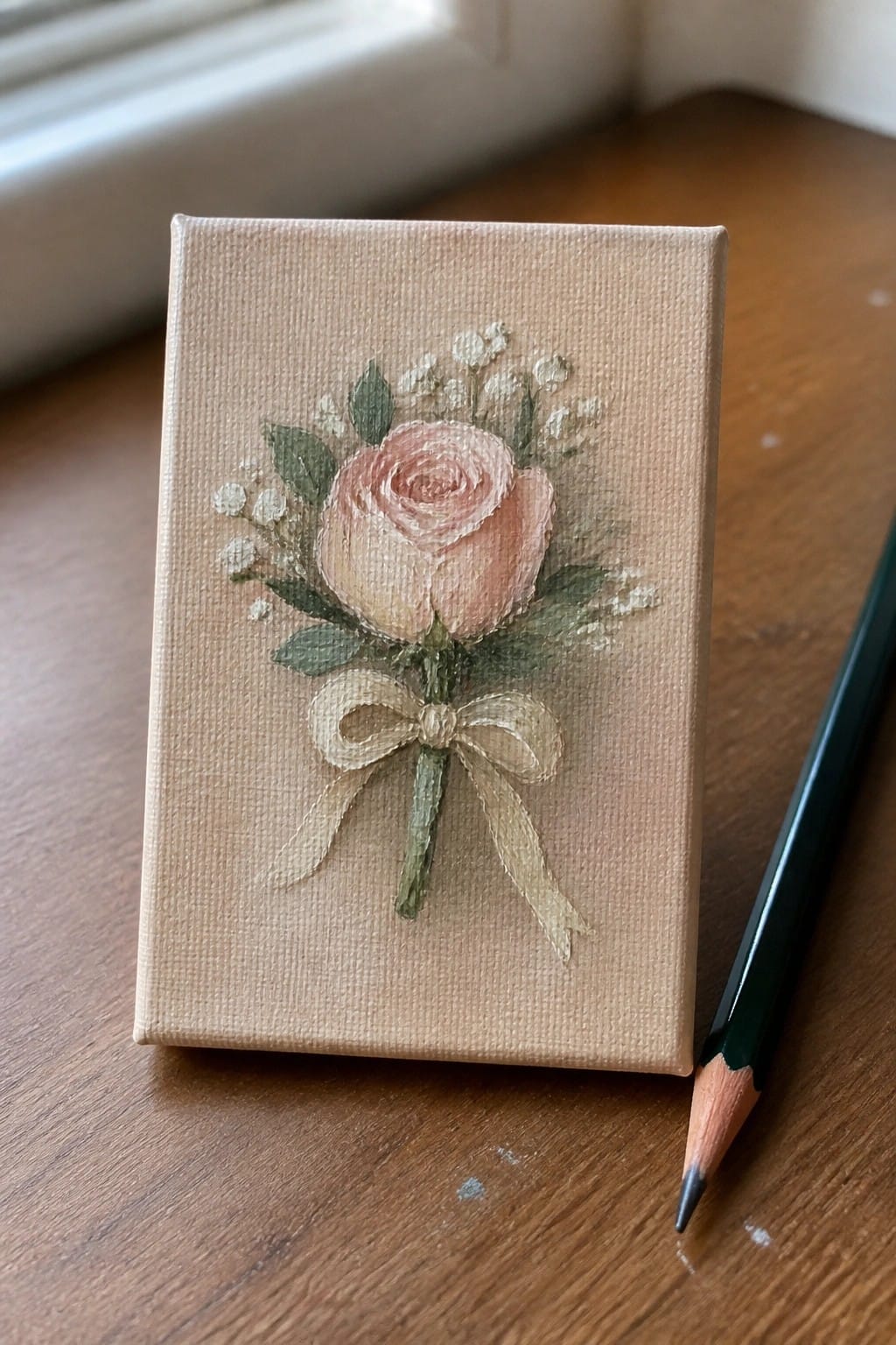 Miniature canvas with pink rose bouquet, beige bow, and green pencil on wood.