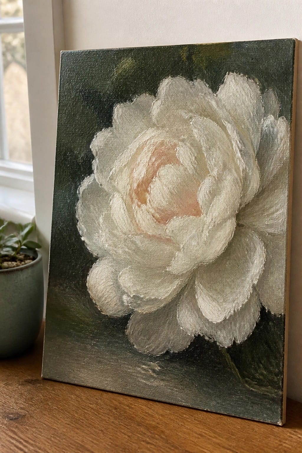 Large white peony with soft pink center on dark green canvas