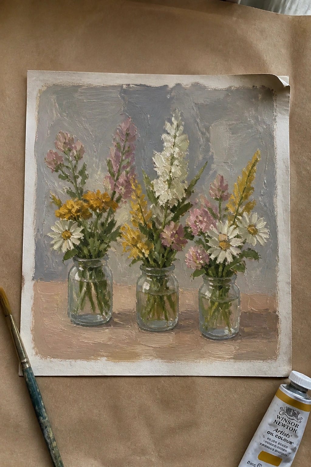 Oil painting of three jars with yellow, pink and white flowers beside paintbrush and tube