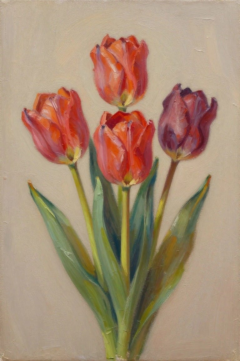 Oil painting of red-orange and purple tulips with green stems and leaves.
