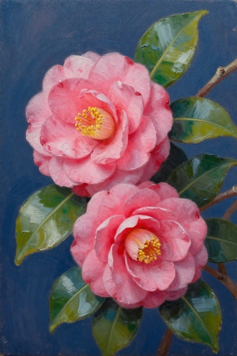 A realistic oil painting of two pink camellia flowers with yellow centers and green leaves against a dark blue background.