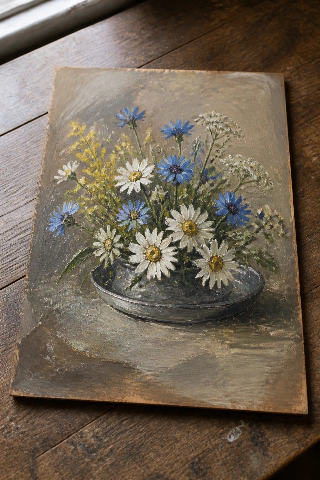 Wildflowers in metal bowl: daisies, blue cornflowers, and yellow blooms on wood