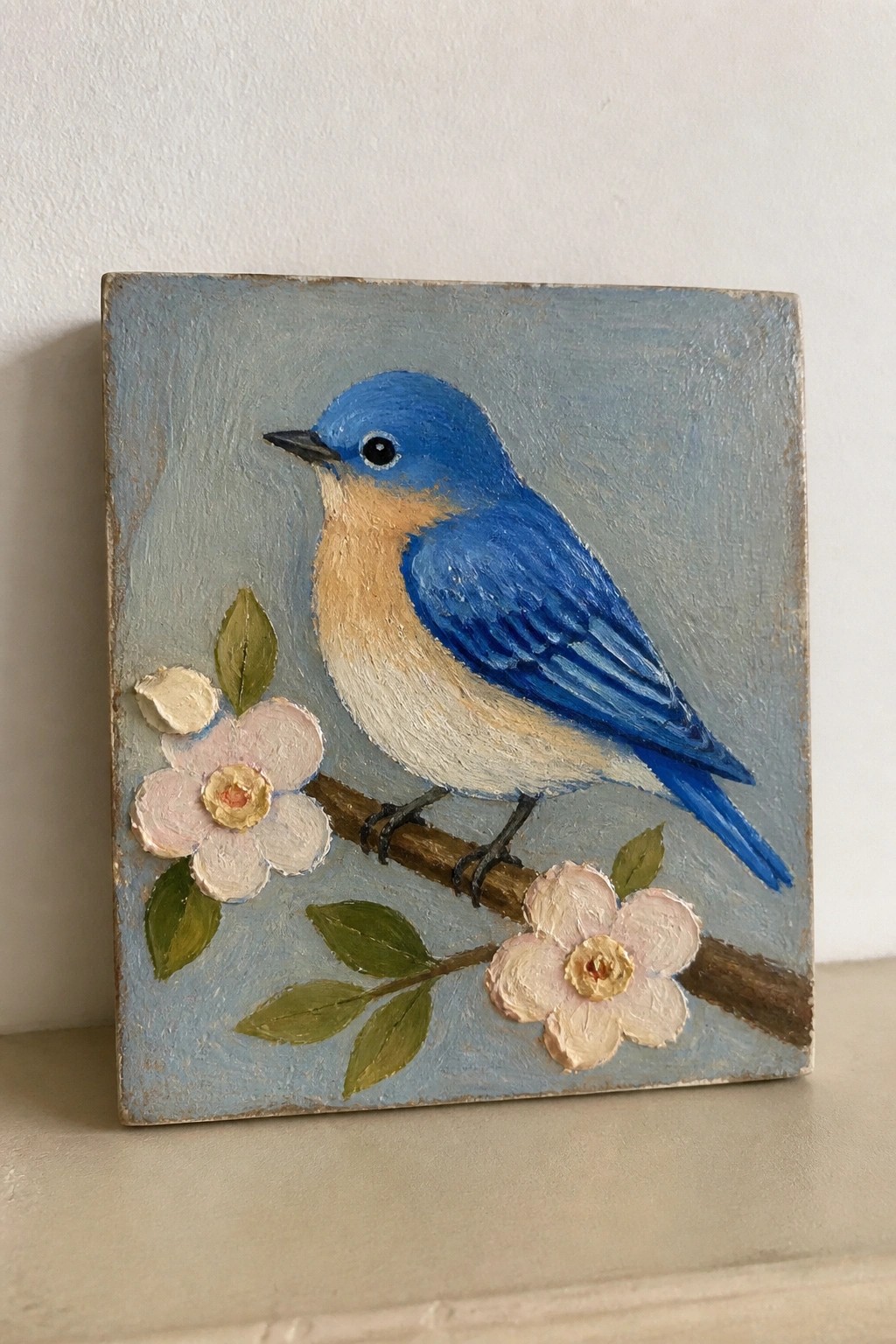 Blue bird perched on branch with pink flowers against light blue background