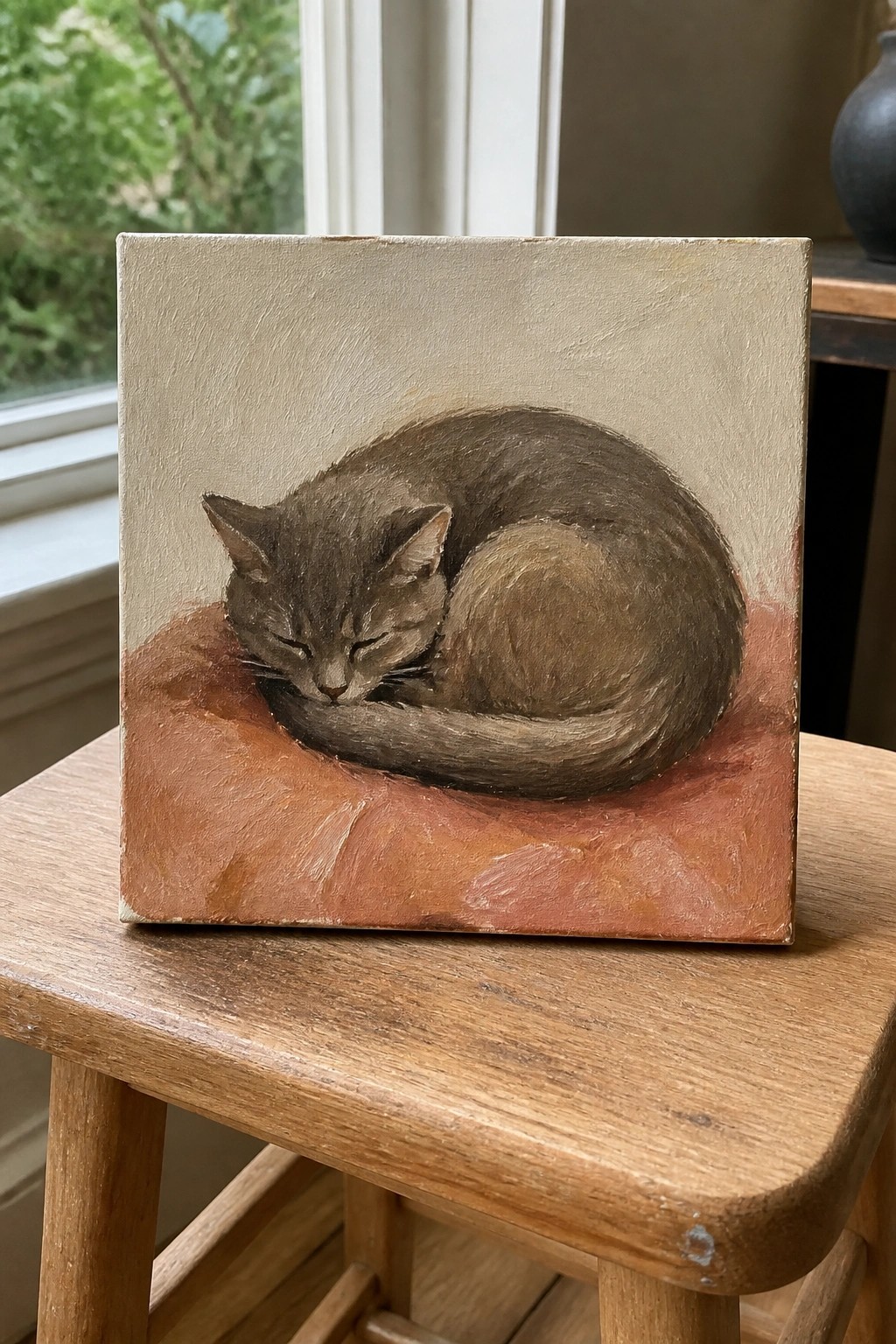 Sleeping gray cat curled on reddish surface in square canvas on wooden stool
