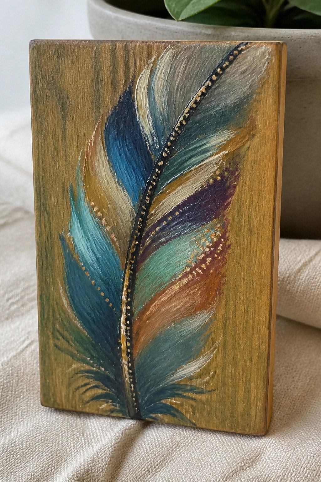 Colorful feather painting in blues, browns, and gold on rustic wood block