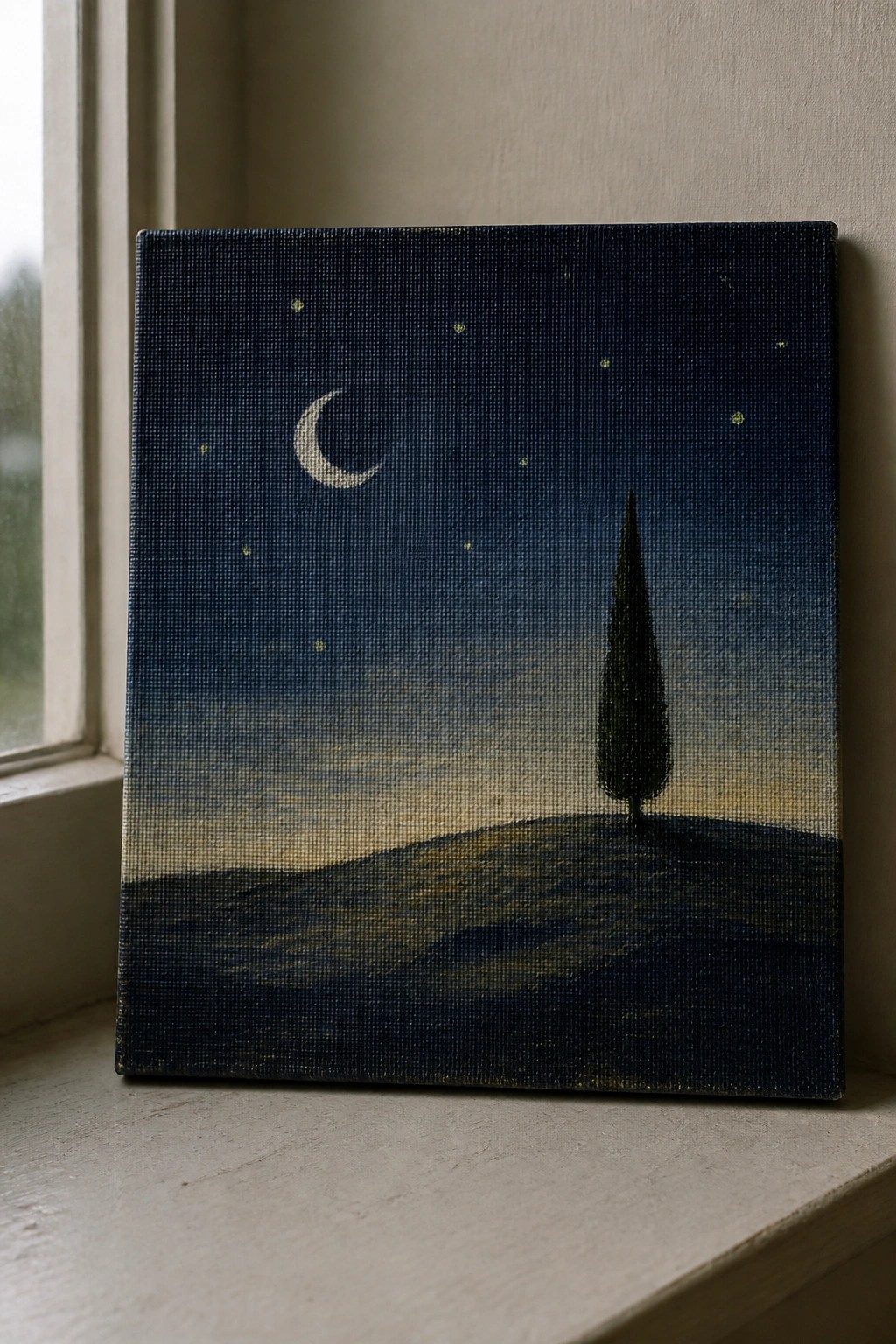 Canvas painting of starry night with crescent moon and lone tree on hill