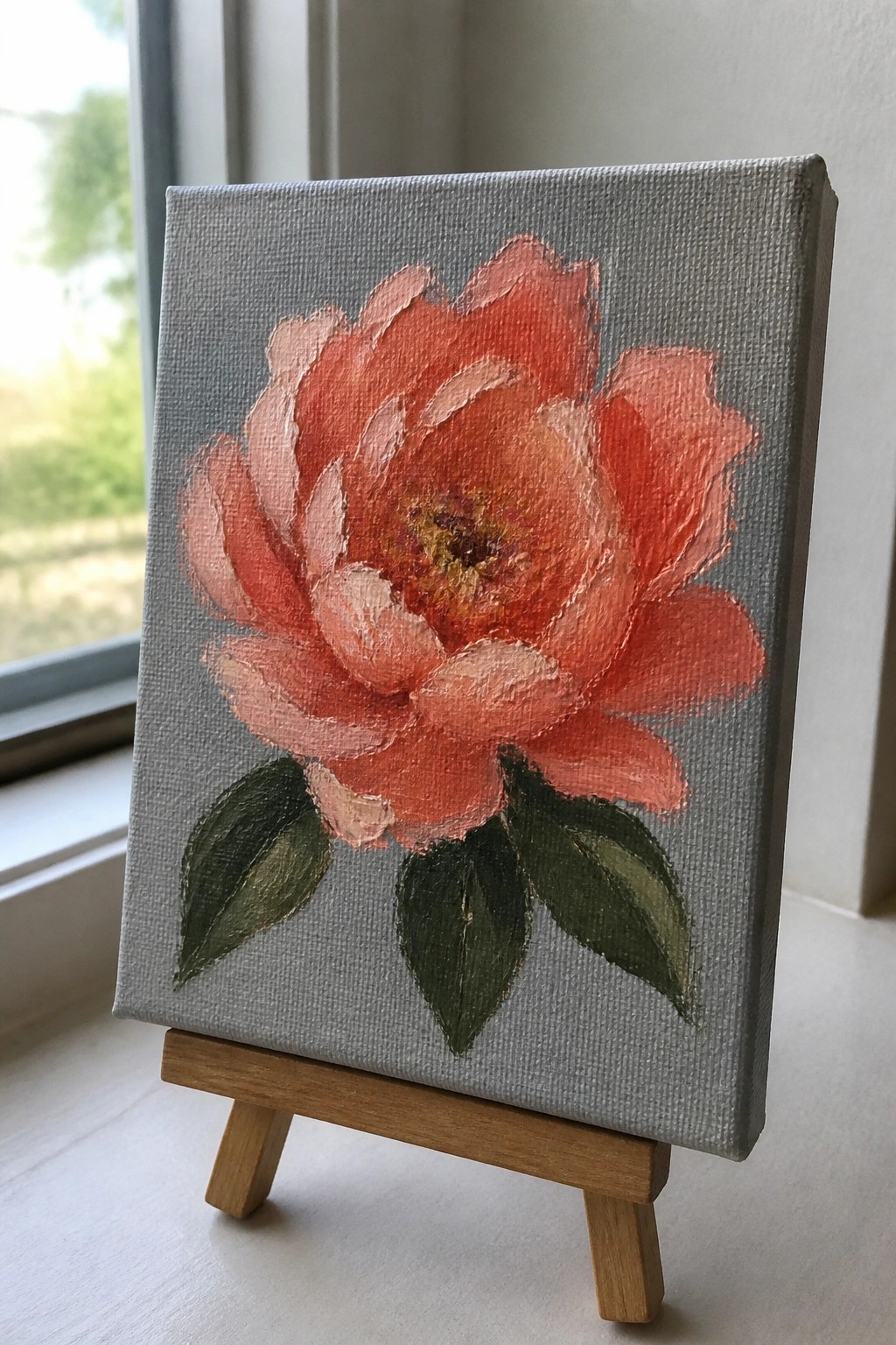 Orange peony painting with green leaves on gray canvas on wooden easel