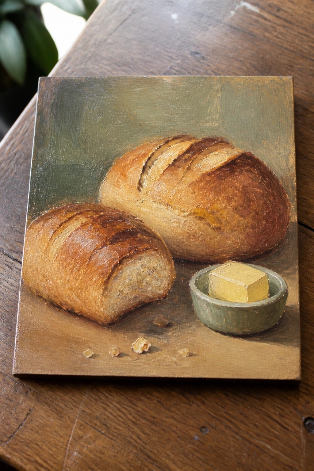 Two crusty bread loaves beside butter in green bowl on wooden table