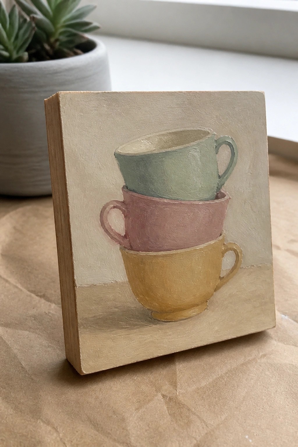 Small canvas painting of stacked yellow, pink, and green teacups on wood