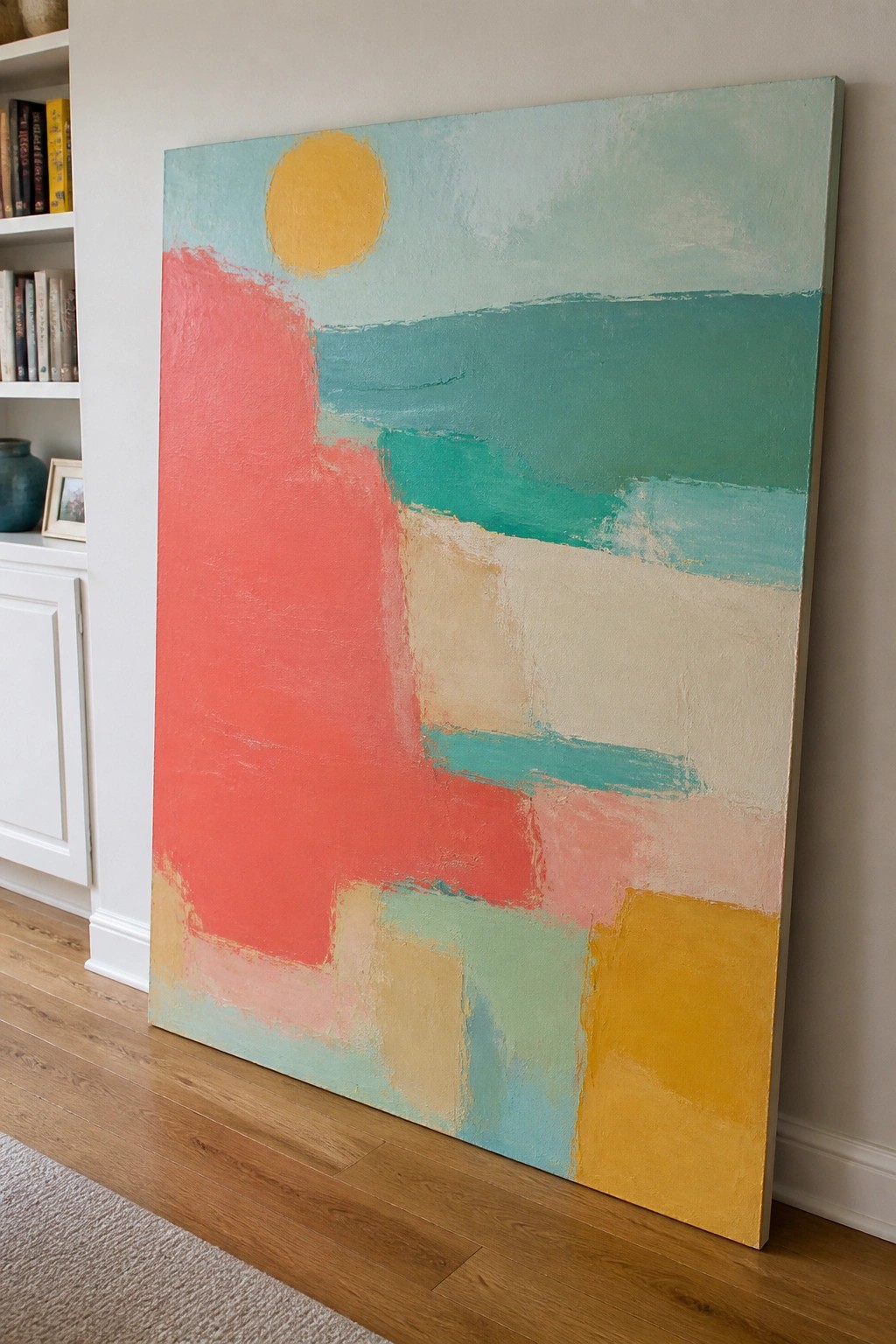 Large abstract painting with coral, teal, yellow, and beige geometric shapes leaning on wall